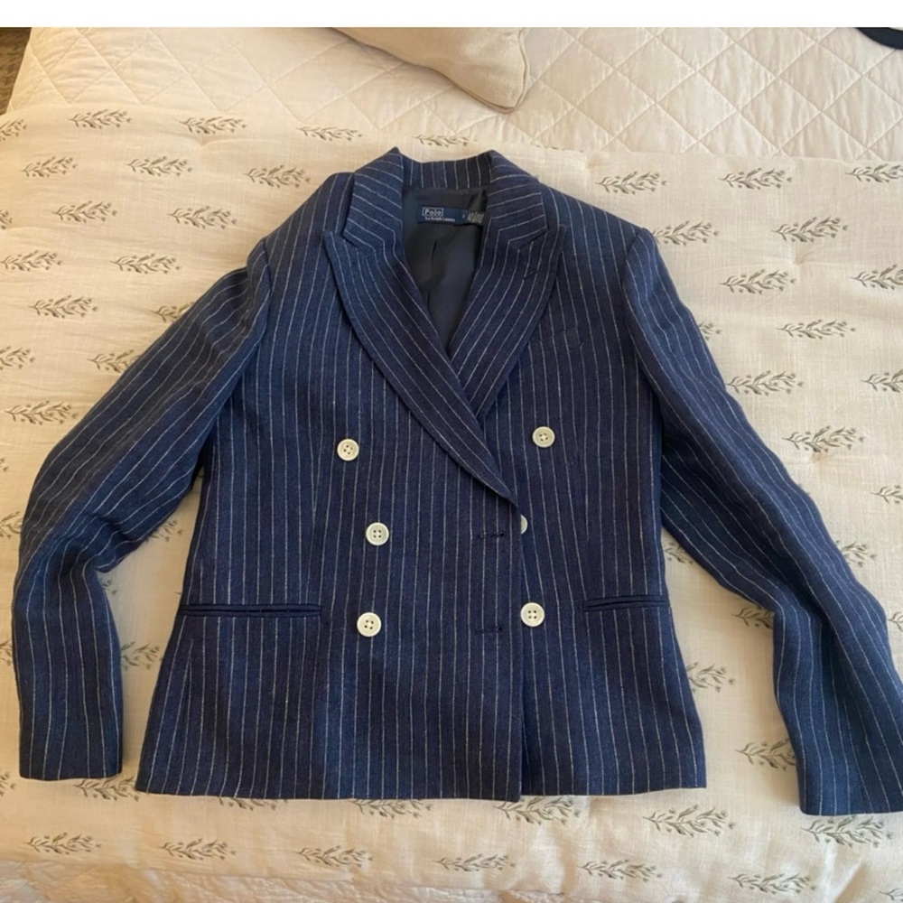 Ralph Lauren Polo Navy Blazer Cream Stripes 2 linen double breast